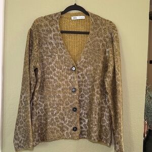Zara knit metallic foil animal print cardigan Size S